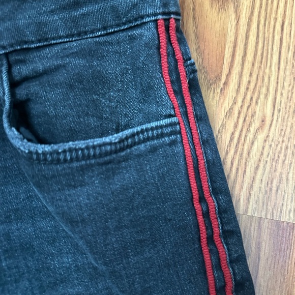 Black zara jeans, slightely distressed, and red stripes on side. - Picture 2 of 5